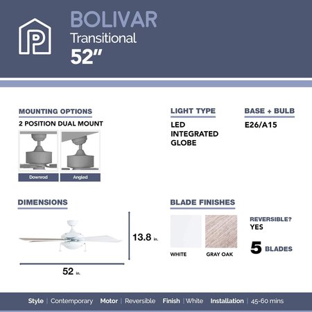 Prominence Home Bolivar, 52 in. Ceiling Fan with Light, White 80101-40